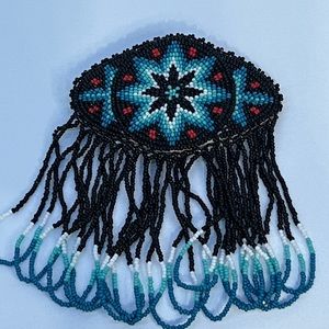 Handmade Alaska Native Beaded Barrette with black/white/red/blues star & dangles